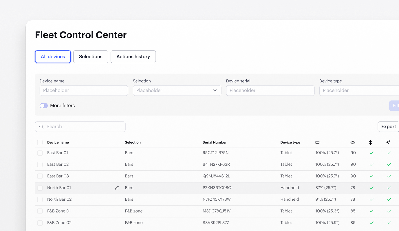 Fleet Control Center dashboard showing device and vendor configuration before event launch