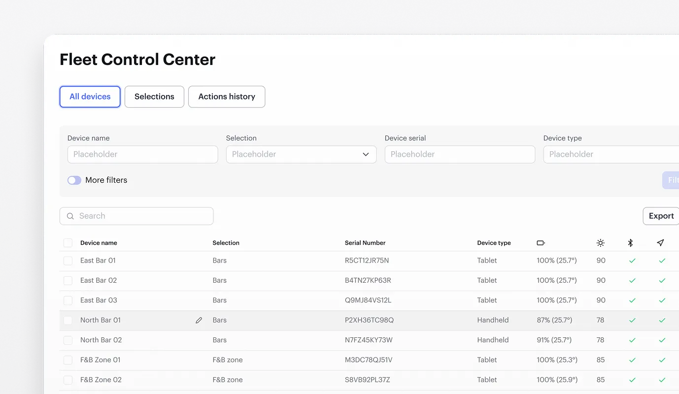 Fleet Control Center dashboard showing device and vendor configuration before event launch
