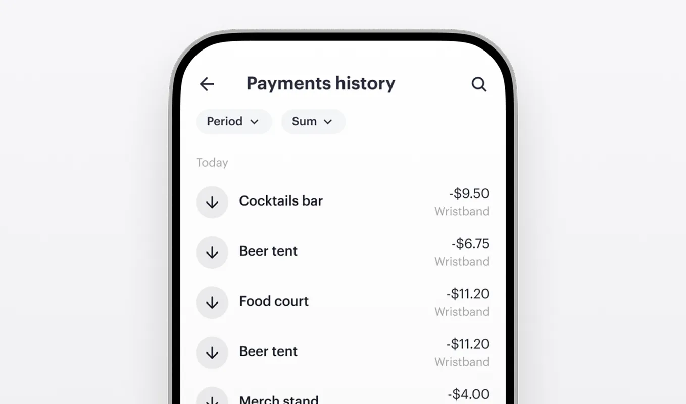Payments history showing multiple RFID transactions at an event