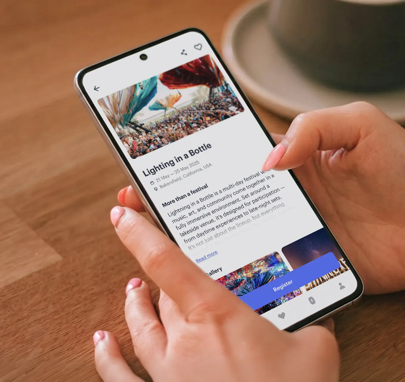 Event registration page on Billfold.app for a festival with RFID access and payments