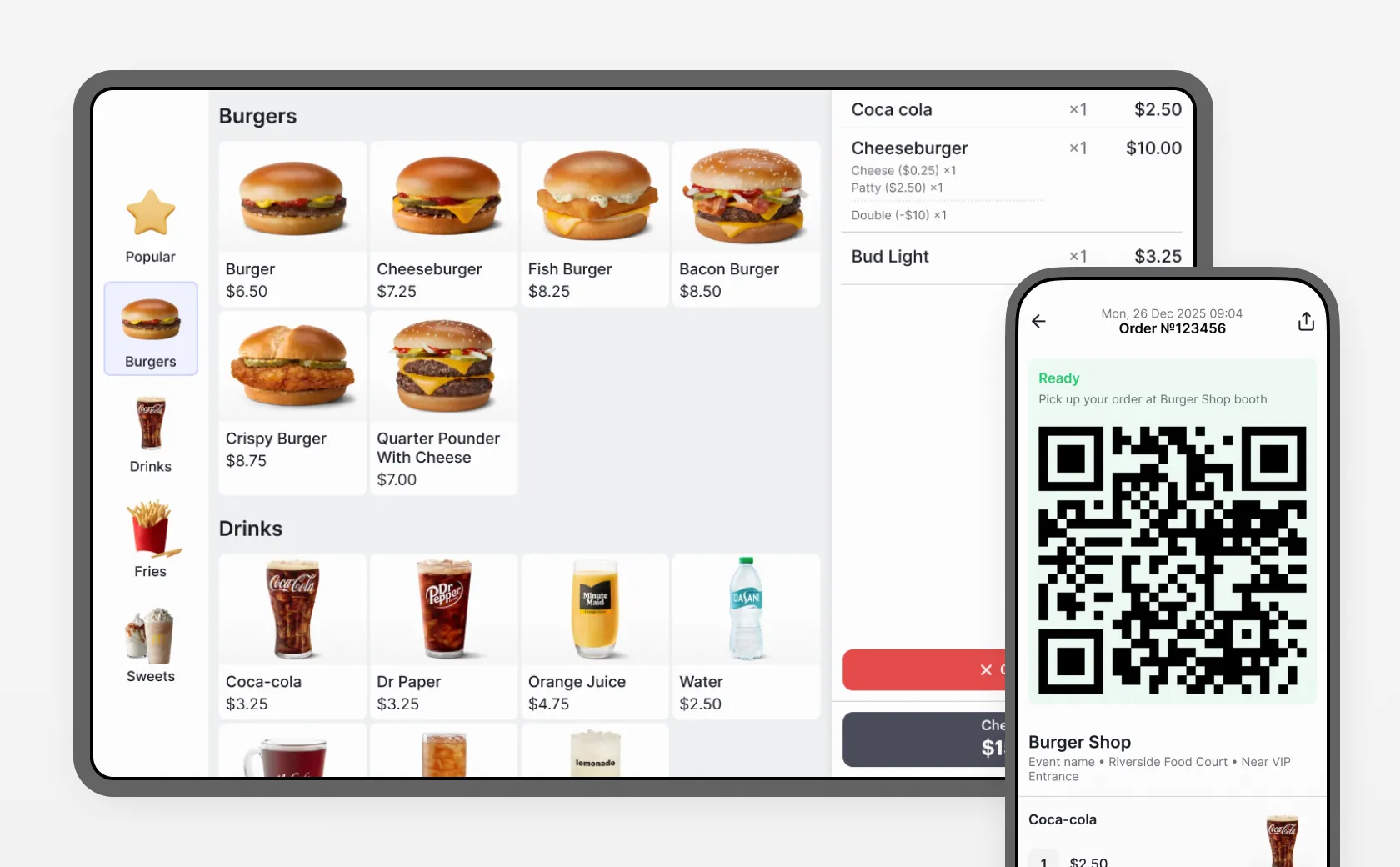 Billfold self-checkout ordering kiosk for festival attendees