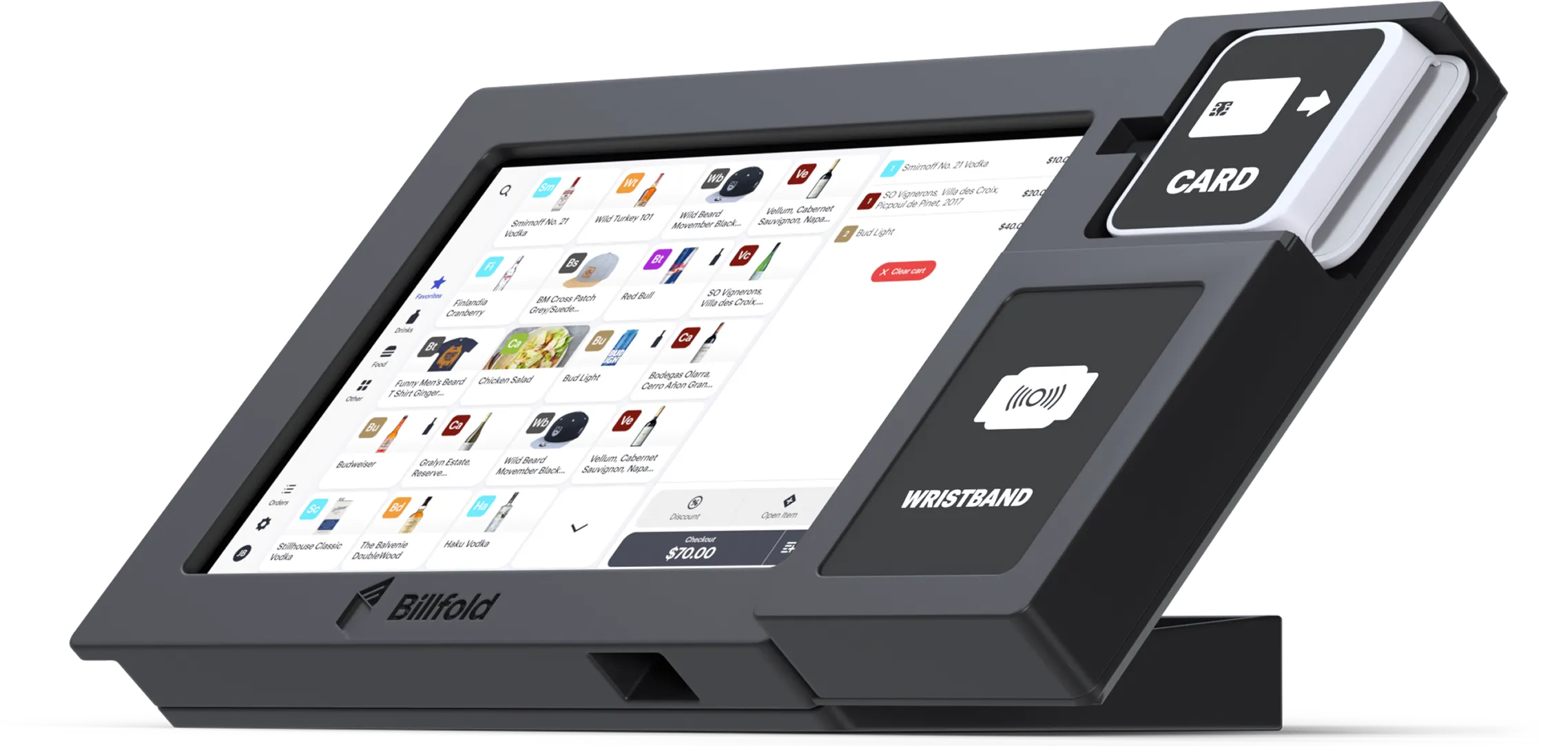 Billfold event POS terminal with card and RFID wristband payment readers