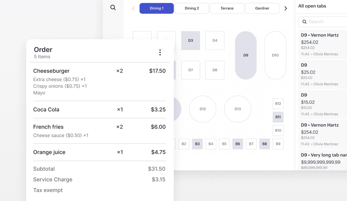 Billfold POS order management and table service interface for event operations