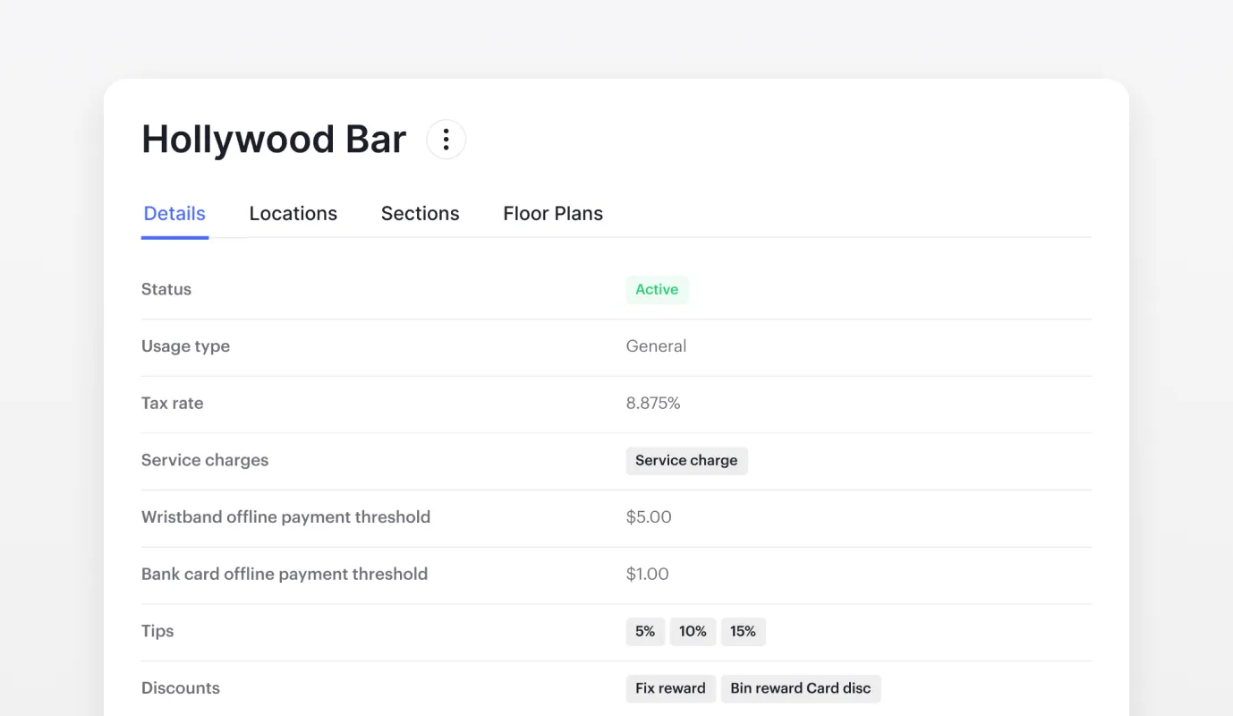 Billfold POS location settings for taxes, service charges, tips, discounts, and payment thresholds