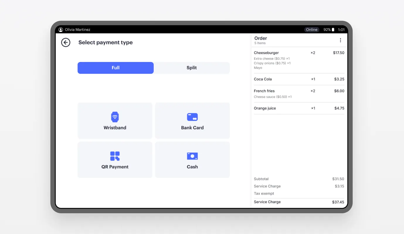 Billfold POS cashless and contactless payment options including RFID, card, QR, and cash
