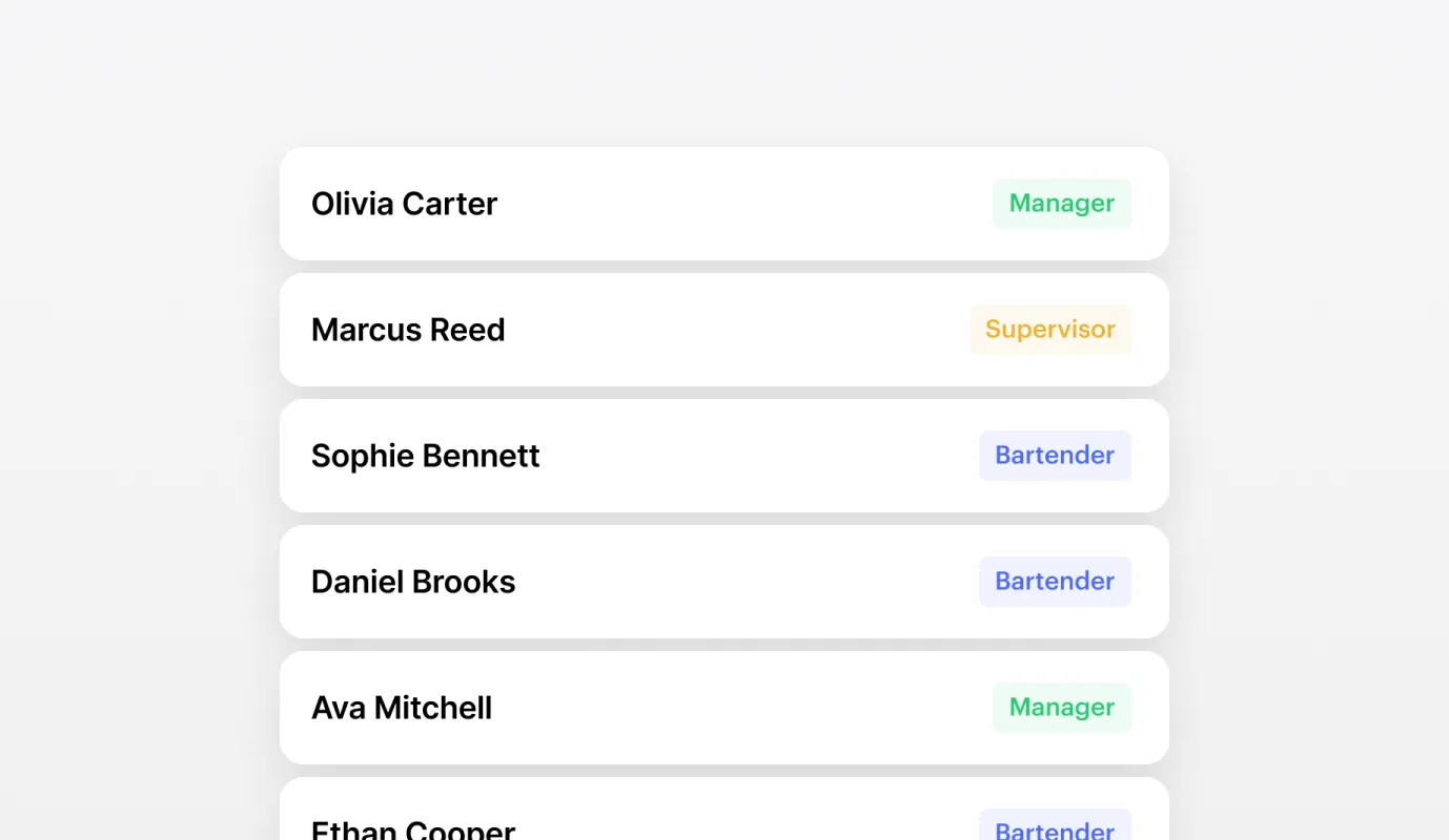 Billfold POS staff roles and access levels for managers, supervisors, and bartenders