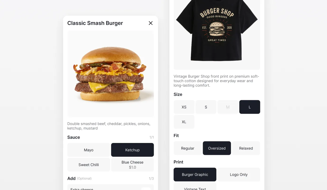 Billfold POS product catalog with food, merchandise, modifiers, and custom options