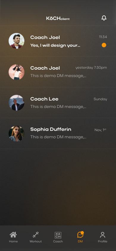 KōCH mobile messaging screen