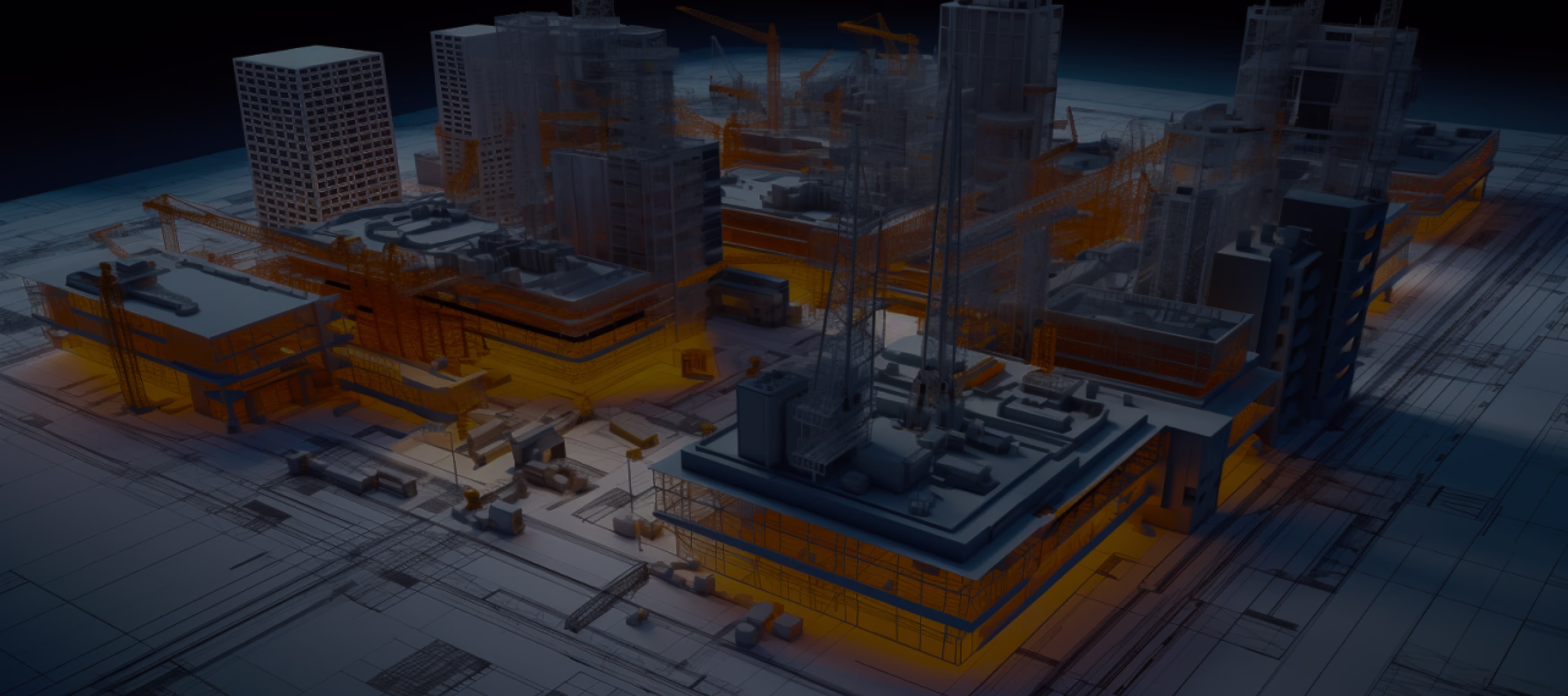 3D model of a futuristic cityscape with buildings and cranes illuminated in orange and blue tones.