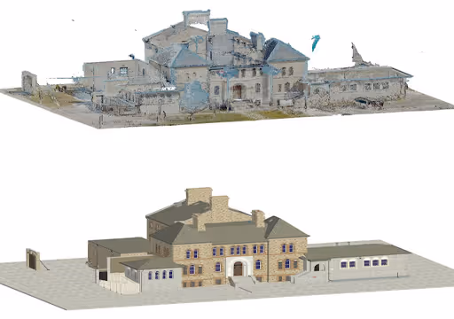 Side-by-side images of a historic building: a faded old photo above and a restored 3D digital model below.