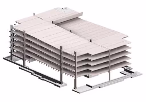 3D model of a multi-story building structure with floors and vertical supports.