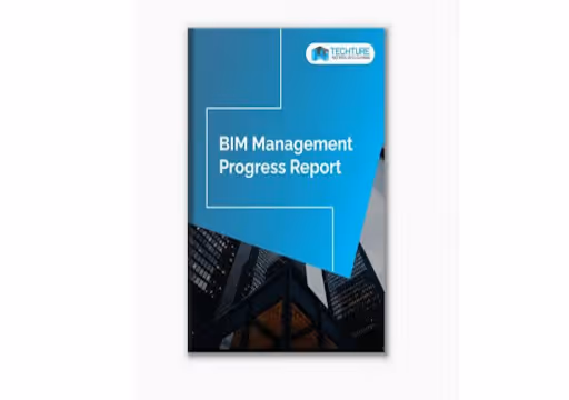 Cover of a BIM Management Progress Report with modern building facade and Techture logo.