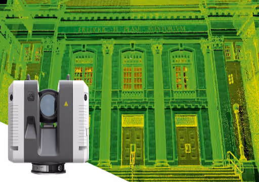 3D laser scanner capturing scan data of a building's facade and entrance steps.