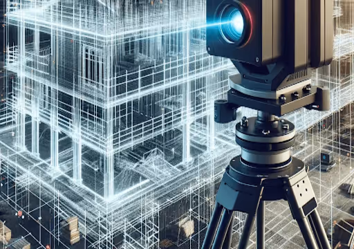 Laser scanner on tripod mapping a digital 3D building framework for construction or architecture.