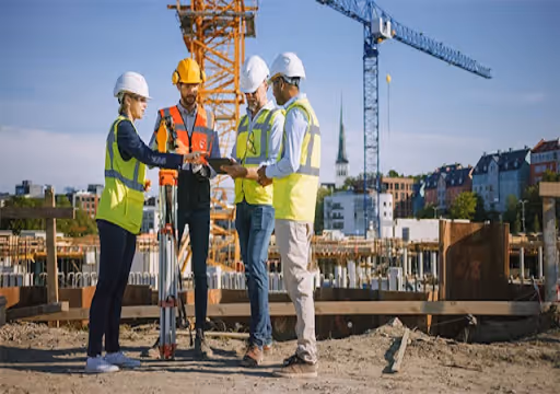 Four construction workers wearing helmets and safety vests discussing plans at a building site.