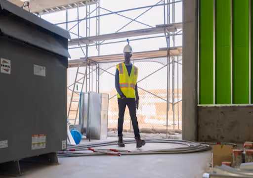 Construction worker in a safety vest and helmet standing in a building under construction.