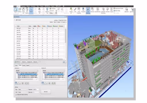 Software interface showing a 3D building model with data tables and control panels for design analysis.