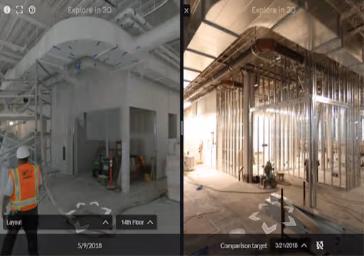 Side-by-side images of a building interior at different construction stages on the 14th floor.