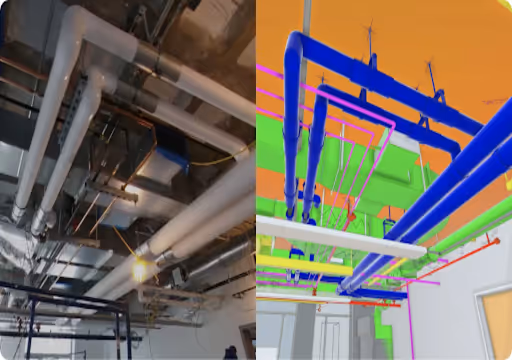 Side-by-side photo and 3D model of ceiling with blue and white pipes and ducts in a building interior.