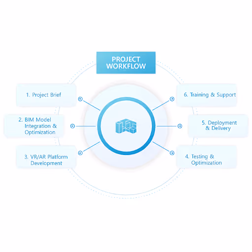 Project workflow diagram showing six steps: brief, BIM integration, VR/AR, testing, deployment, and support.