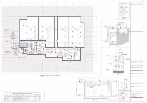 Architectural basement floor plan with technical annotations and plumbing layout details.