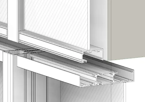 Technical rendering of a metal frame and panel assembly showing detailed profile and cross-section.