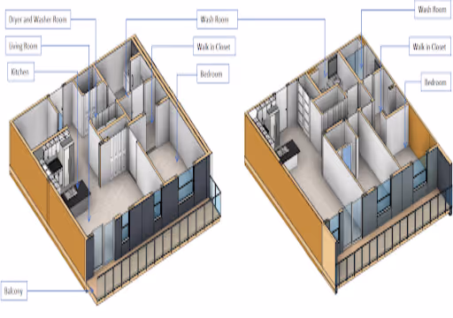 3D floor plans showing labeled rooms: kitchen, living room, washer, walk-in closet, bedroom, and washrooms.