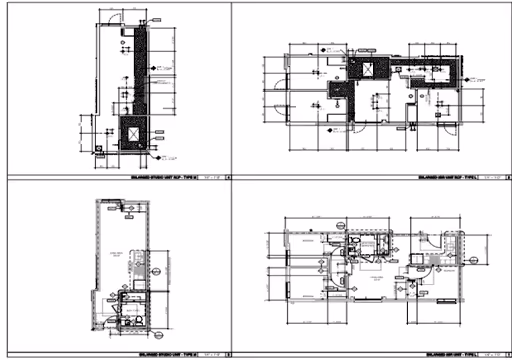 Four architectural blueprint floor plans showing layouts and measurements of a building.