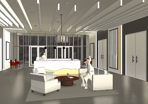 Modern reception area with seating, a circular table, and abstract human figures in a spacious room.