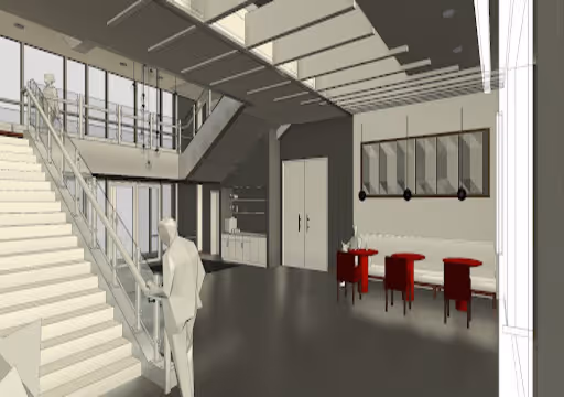 Modern interior with table, red chairs, staircase, and minimalist design with two human figures.