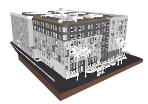 3D model of a multi-story residential building with palm trees and street landscaping.
