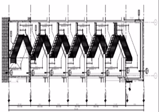 Technical drawing of a mechanical system with zigzag ductwork and multiple vertical sections.