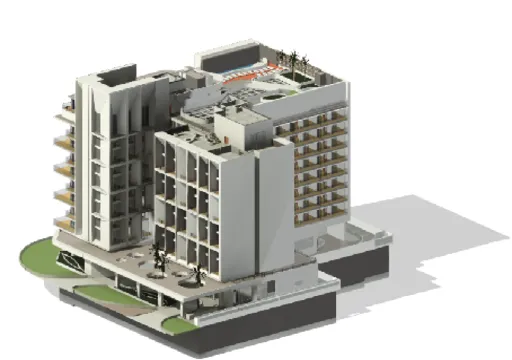 3D architectural rendering of a modern multi-story building with balconies and rooftop amenities.