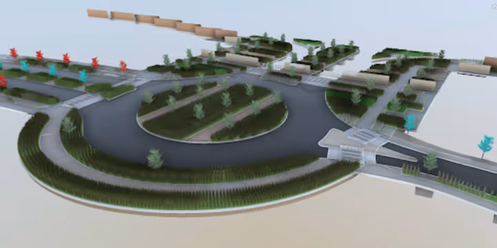 3D model of a roundabout with landscaped grassy areas and trees on roads converging there.