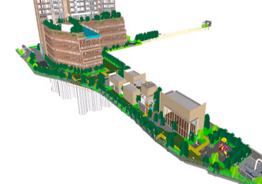 3D rendering of a multi-building complex with green rooftop, trees, and landscaped pathways.