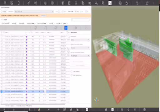 Split screen showing 3D building model on right and clash detection report table on left in software.