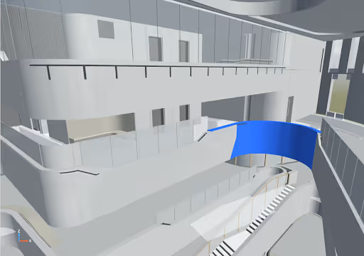 3D model of a modern interior with curved balconies, glass railings, and a blue curved wall section.