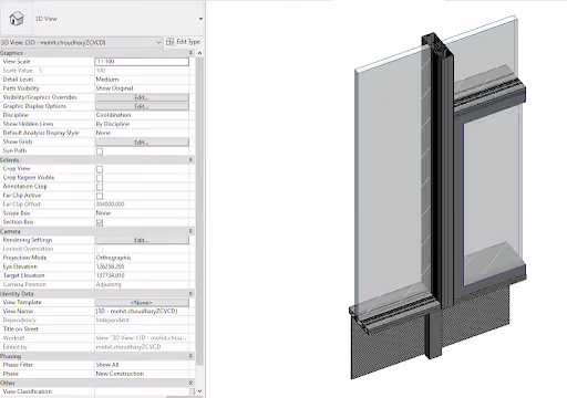 3D architectural model showing a glass curtain wall system with aluminum framing and structural mullions.