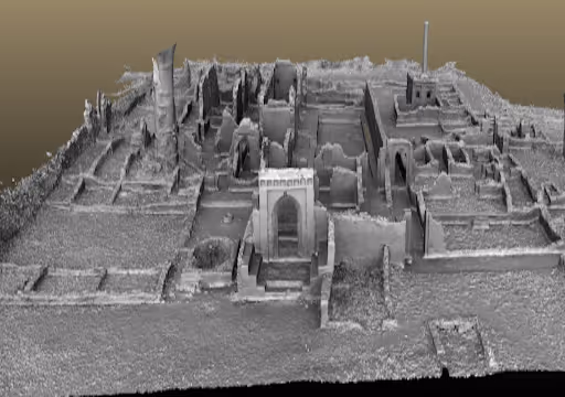 3D model of an ancient archaeological site with ruins and partial structures.