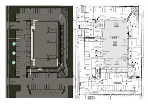 Side-by-side architectural site plans: a colored parking lot and building layout on left, technical drawing on right.