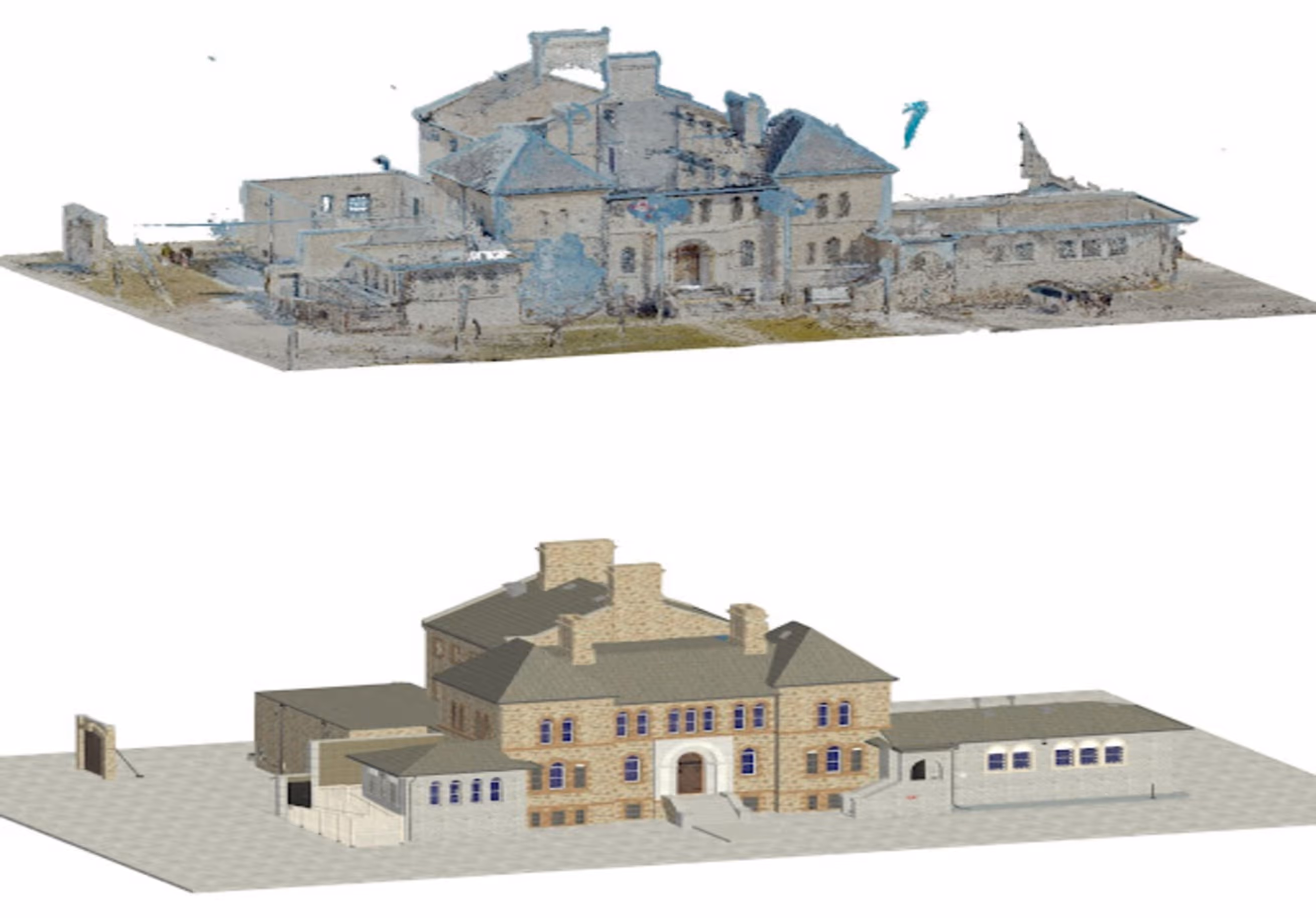 Top: deteriorated building model; bottom: restored 3D model of the same building on white background.