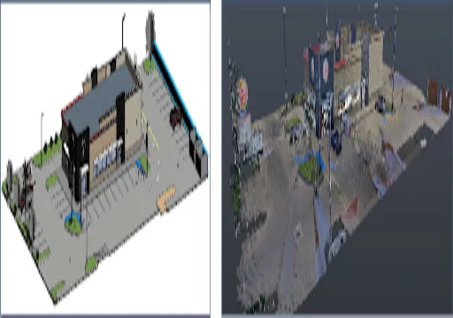 Side-by-side images: left is a 3D model of a commercial building with parking lot; right is a blurry aerial photo.