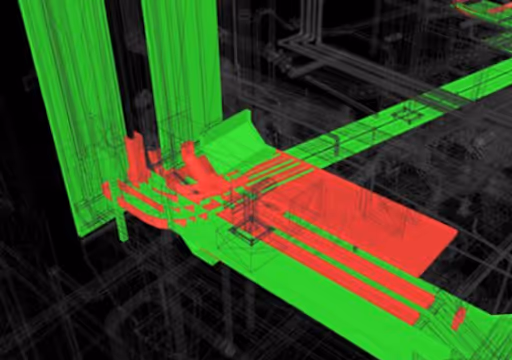 3D wireframe model of mechanical parts combined with red and green solid sections.
