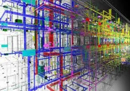 Complex 3D digital model of interconnected multicolored pipes and beams in a building structure.