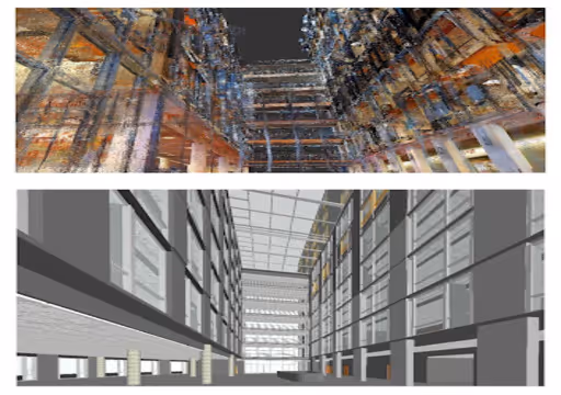 Two digital 3D models of an indoor atrium with multiple floors and structural framing.