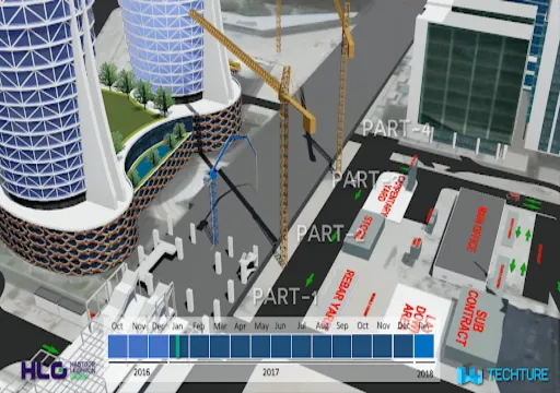 3D construction site model with cranes, labeled parts, and a timeline from 2016 to 2018.