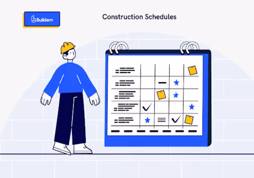 Illustration of a construction worker looking at a large construction schedule board with checkmarks and stars.