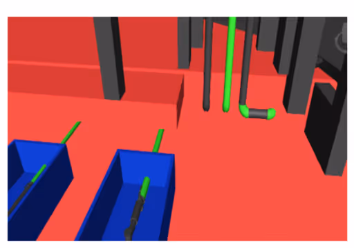 3D model of green pipes and blue containers on a red floor with black vertical structures.