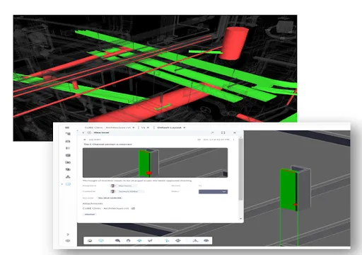 3D model showing red and green pipes with a software interface displaying a detailed pipe section.
