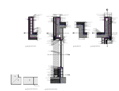 Architectural technical drawing showing detailed sections of building wall and foundation.
